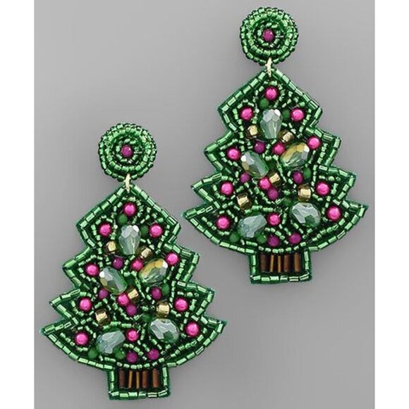 Green Christmas Tree & Pink Lights Earrings - Picture 1 of 1